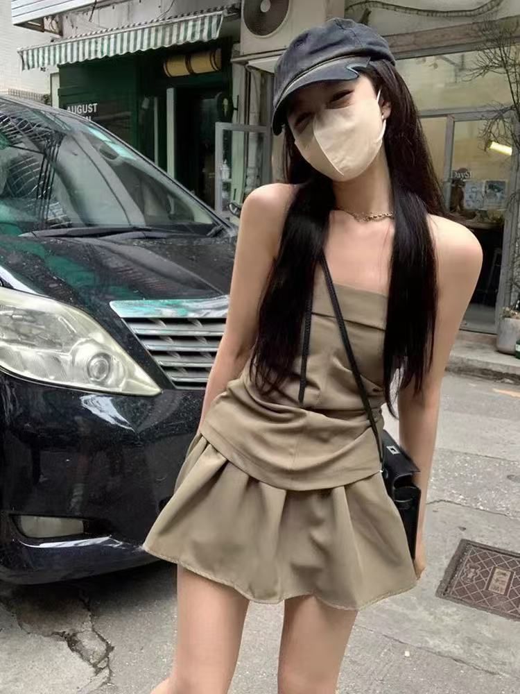 甜辣妹兩件套無袖抹胸背心上衣女夏季新款高腰a字半身裙短裙套裝