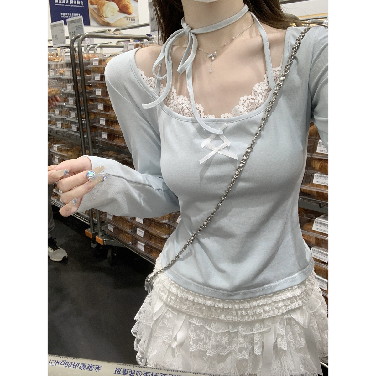 Real shot of spring Korean style slim square collar spliced ​​lace contrast strap pure T-shirt long-sleeved top