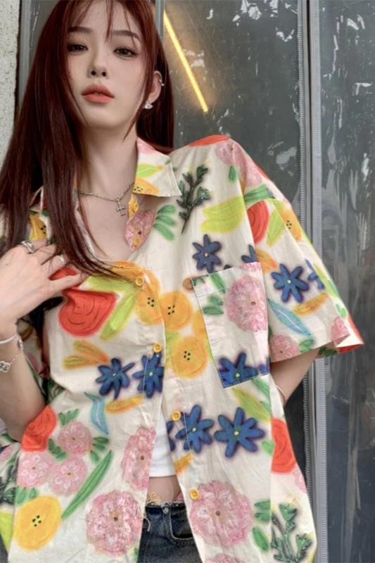 夏日油畫泰式清新短袖碎花襯衫慵懶夏威夷度假風寬鬆設計感上衣女