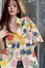 夏日油畫泰式清新短袖碎花襯衫慵懶夏威夷度假風寬鬆設計感上衣女