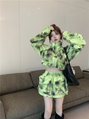 實拍~時尚辣妹防曬套裝復古髒髒色噴墨工裝大口袋外套+短裙女