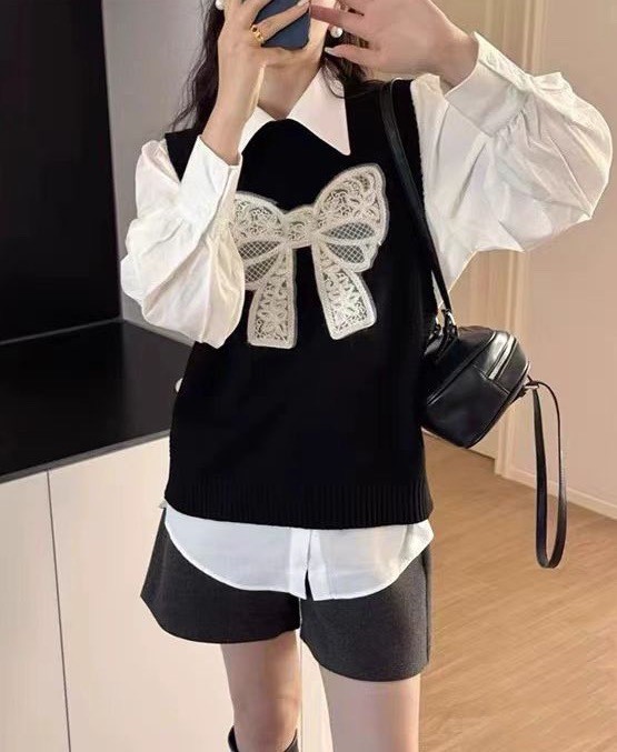 可愛減齡針織無袖毛衣馬甲背心女蝴蝶結刺繡百搭內搭秋冬襯衫疊穿