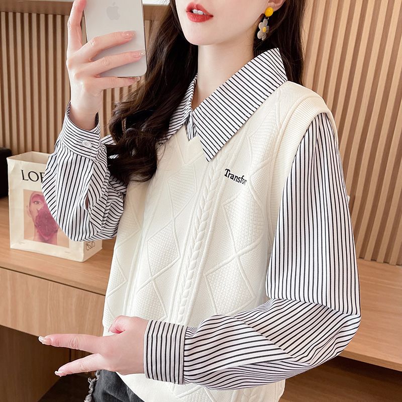 實拍2025春秋新款拼接假兩件設計感polo領簡約套頭條紋衛衣女