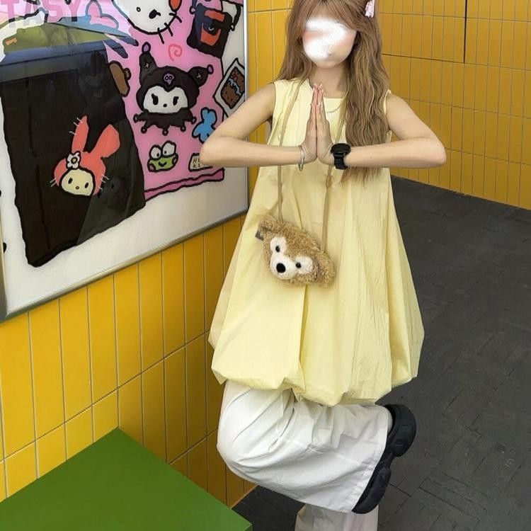 法式甜美純色褶皺設計感無袖背心連衣裙女2025夏寬鬆顯瘦花苞短裙