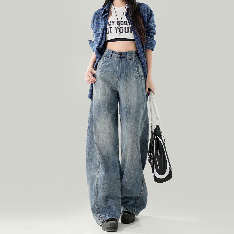 Real shot of 2025 spring fashion trend casual pants for women high waist drooping wide-leg pants