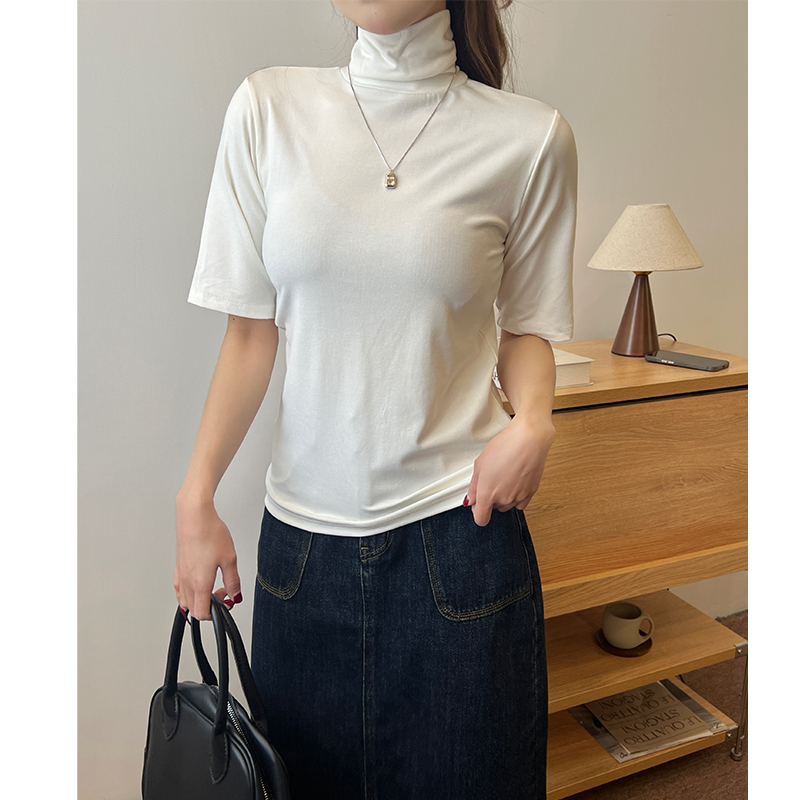 Duoduo Collar Front Shoulder Short Sleeve T-shirt for Women 2025 Spring and Summer European Product Slim Base Shirt for Women 5-point Sleeve Top