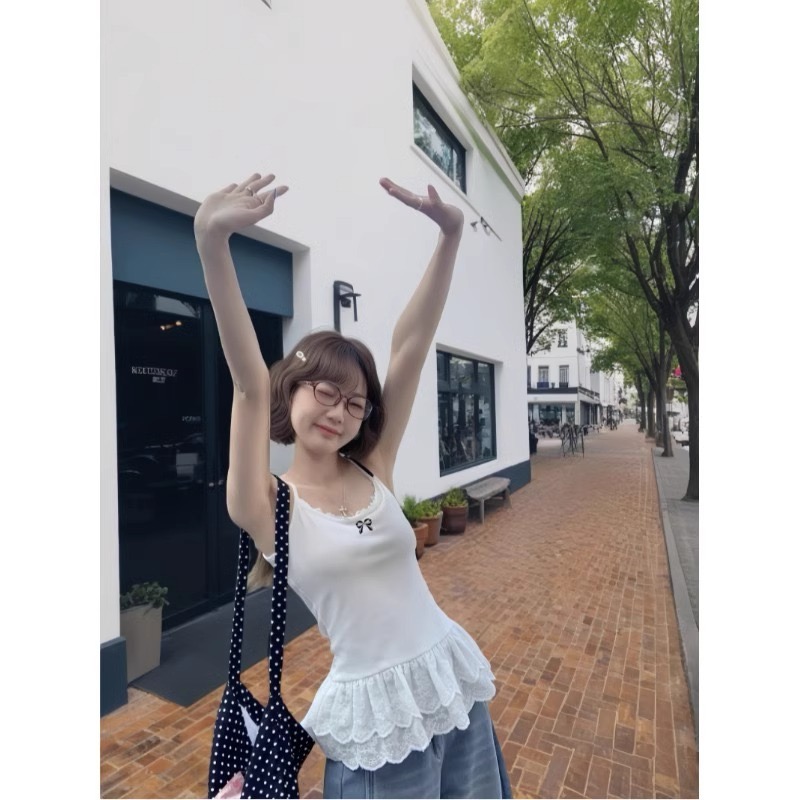 Original workmanship bow suspender women's 2025 summer lace lace hem slim layered inner top