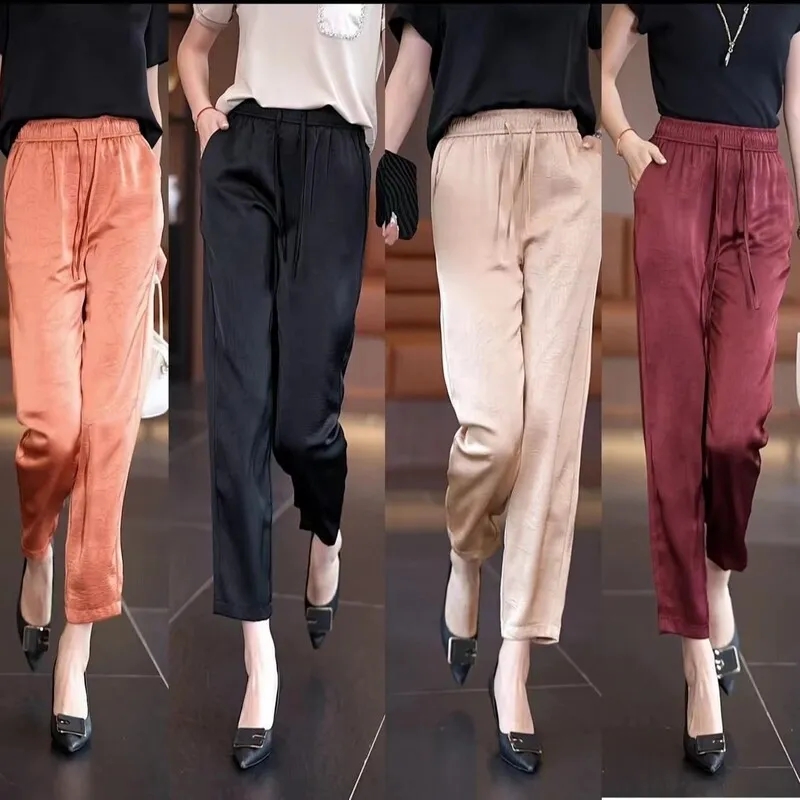 Summer New Ice Silk Drape Slip Hem Pants for Women High-Waist Slimming Thin Loose Pants Versatile Fashion Nine-Tenths Pants