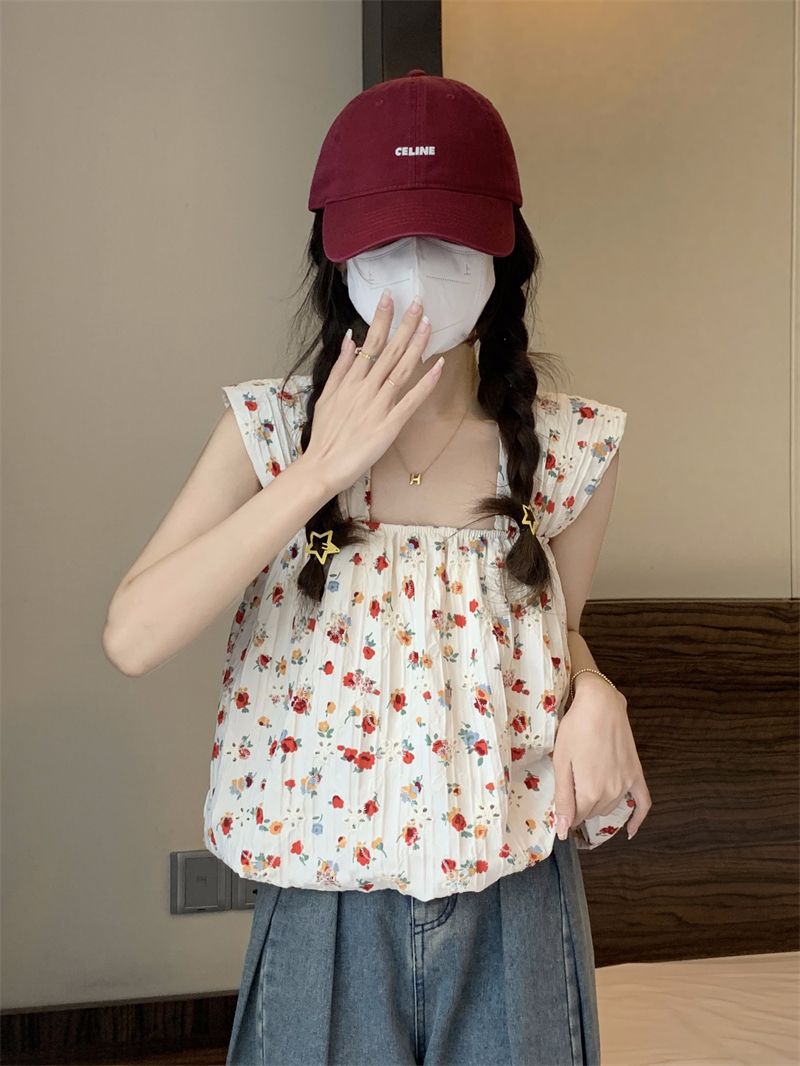 Women's design straps short waist folds retro temperament hot girl printed oblique collar off-shoulder vest women summer