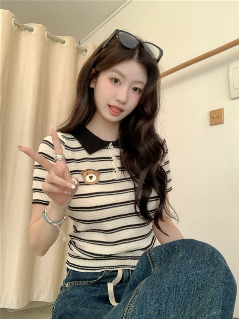 Real shot, niche embroidery POLO neck contrast striped short-sleeved top for women