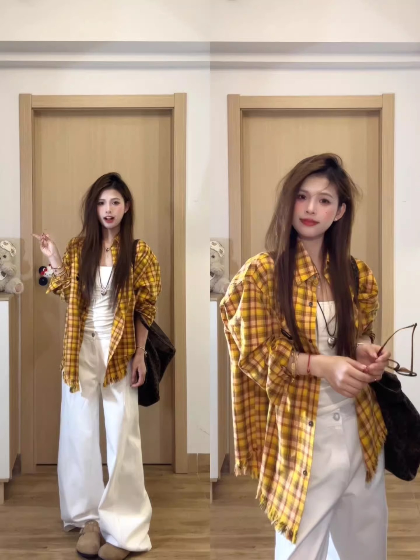 原版面料韓系設計感甜美別致黃色格子流蘇襯衫外套女