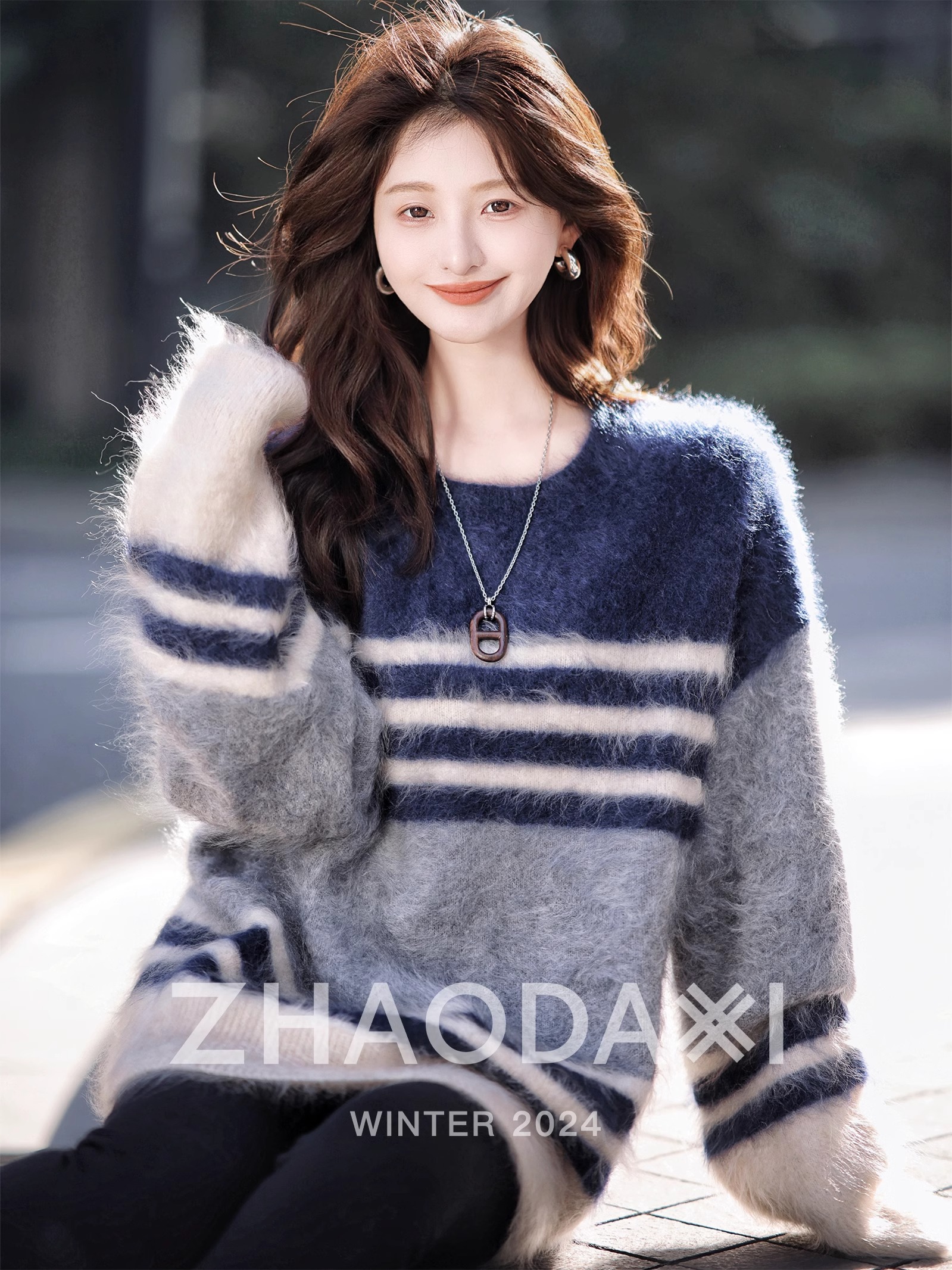 Furry striped contrasting color soft glutinous round neck long sleeve sweater for women in autumn and winter new style and versatile sweater trend