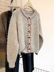 2025早春新款杏色軟糯加厚圓領毛衣外套女設計感慵懶針織開衫上衣