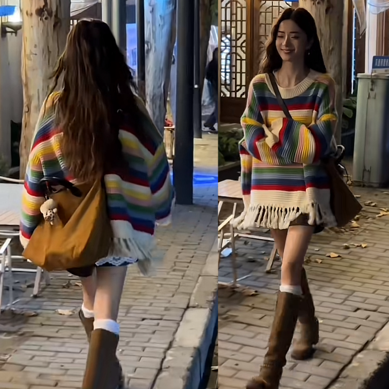 簡約慵懶松設計感小眾條紋寬鬆毛衣女秋冬不規則百搭上衣服
