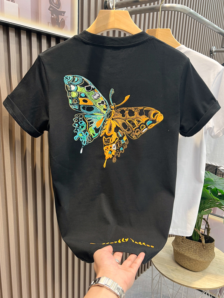 21支210g精梳純棉夏季新款重工刺繡彩色蝴蝶短袖t恤男女同款體恤