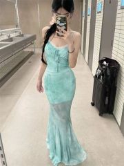 原版面料+調節帶+內里 薄荷綠網紗海邊度假連衣裙性感魚尾長裙