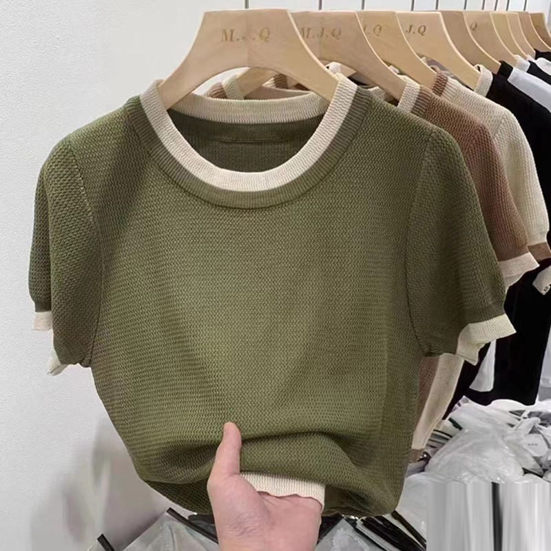 European solid color sweater for women short-sleeved T-shirt round neck straight shoulder summer contrast French base chic top