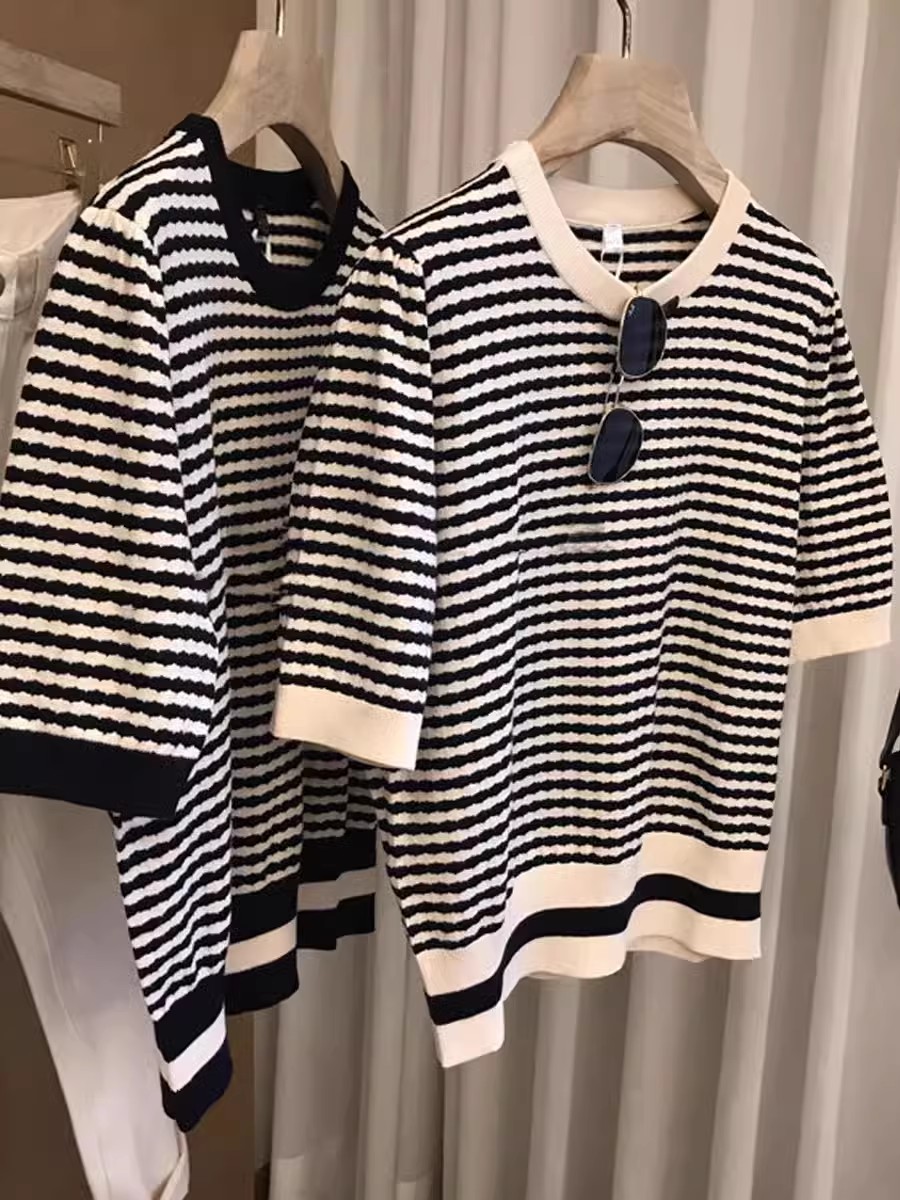Ice silk striped short-sleeved T-shirt for women 2025 new summer thin round neck retro loose hollow sweater top