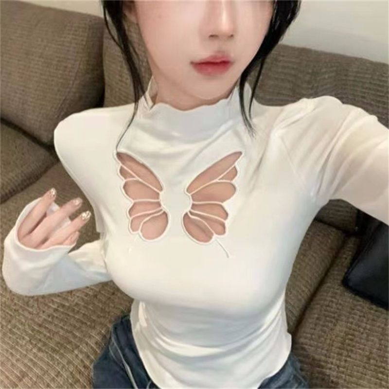 Design sense of pure hot girl wave edge half-height neck hollow butterfly embroidered slim solid color T-shirt 2025 spring