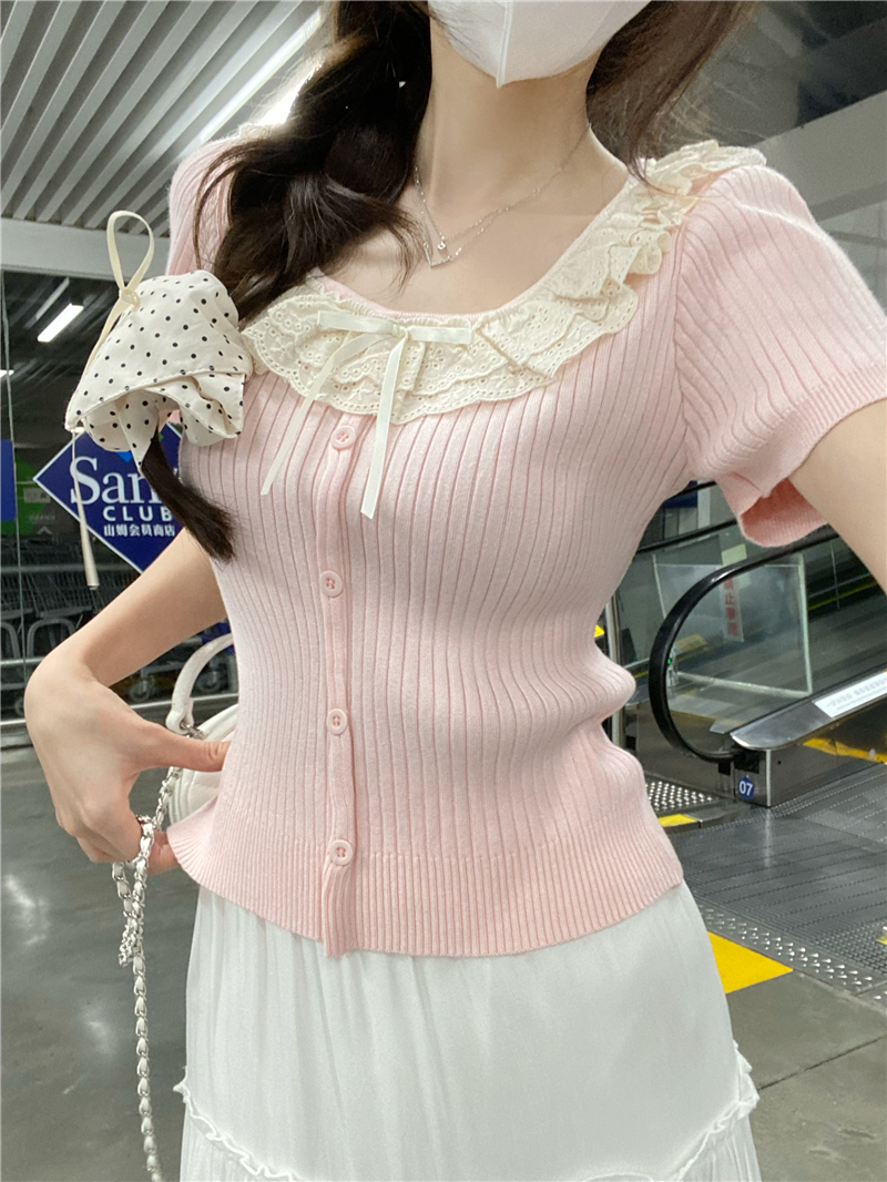 Real shot, sweet design, lace short-sleeved T-shirt for women, spring 2025 new style, gentle age-reducing, versatile slim body