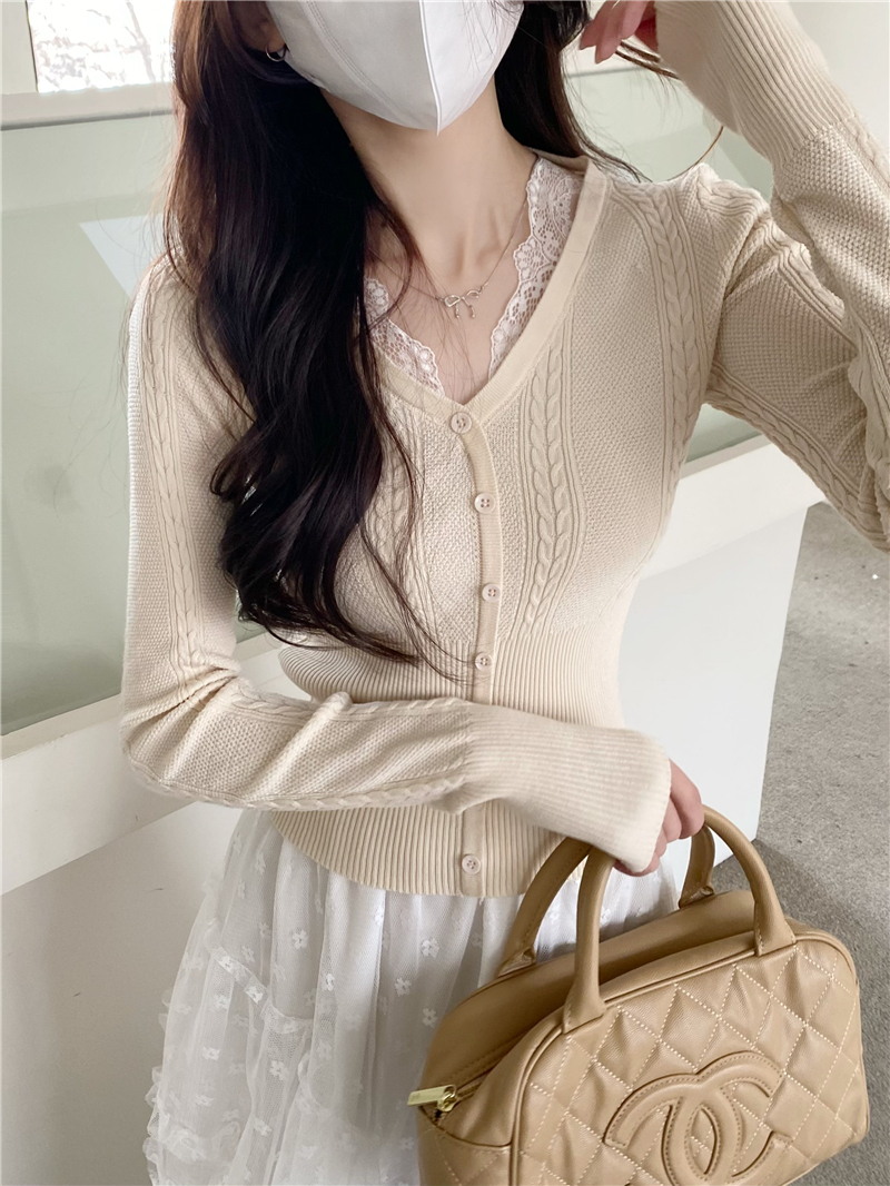Real shot, retro design, lace spliced ​​slim sweater for women, new spring long-sleeved top