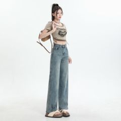 Real shot of 2025 spring fashion trend casual pants for women high waist straight wide-leg pants