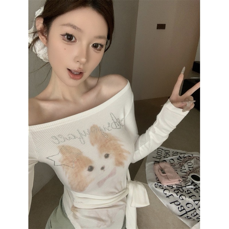 260g age-reducing puppy print off-shoulder long-sleeved T-shirt for women's spring design strap waist-retracting top