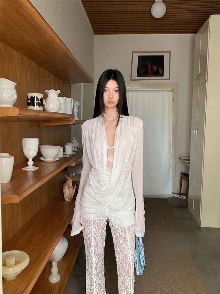 180g modal + lace, autumn high-end niche and unique cross-swing collar spliced ​​lace slightly transparent long sleeves