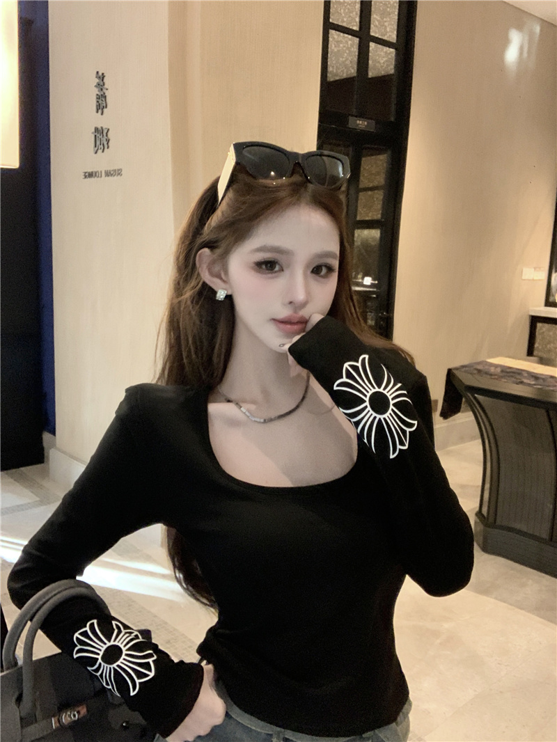 實拍~美式辣妹印花T恤女新款修身顯瘦長袖內搭洋氣打底上衣潮