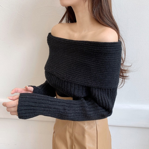 Real photo of one-length solid color off-shoulder sweater annual meeting dress Japanese and Korean pure slim fit sexy pullover sweater women