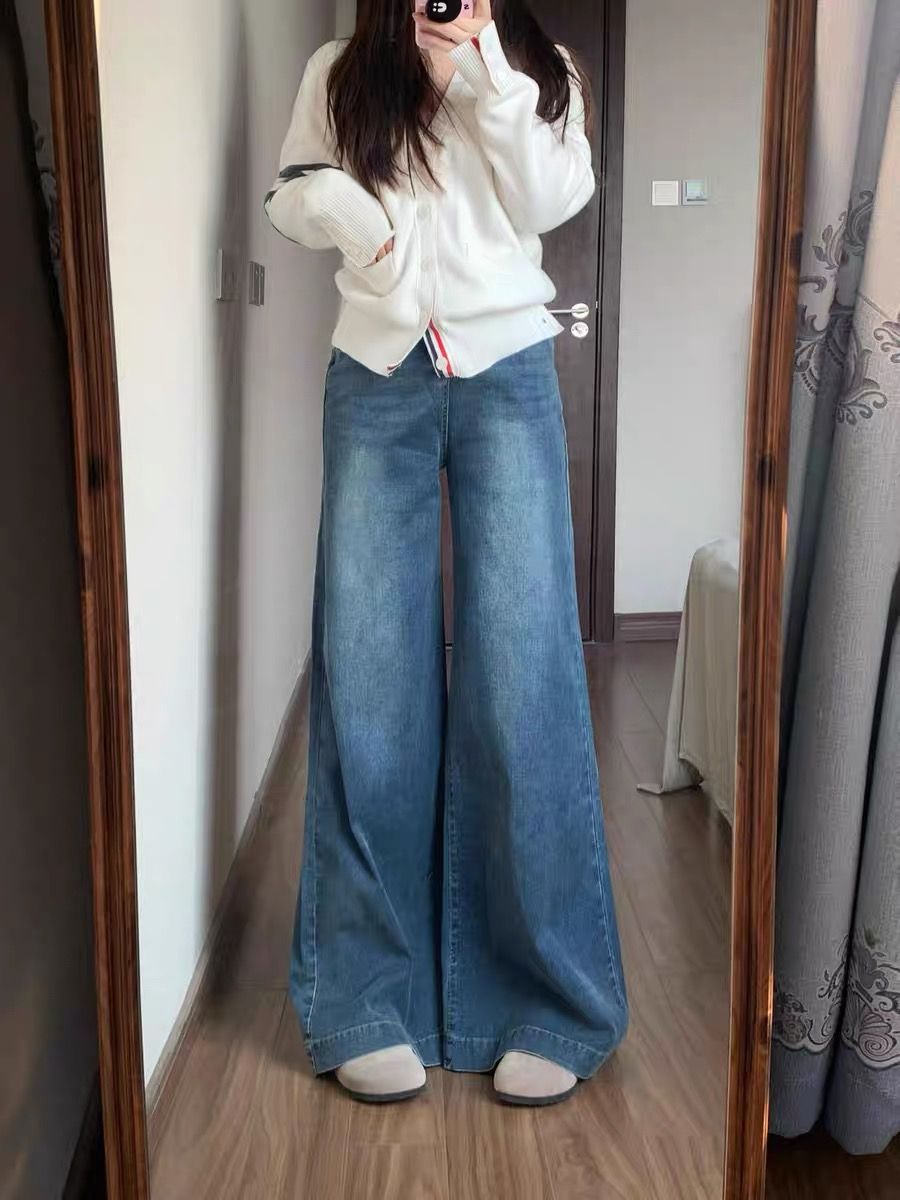 大碼胖mm復古闊腿牛仔褲女春秋新款彈力寬鬆高腰顯瘦微喇直筒褲子