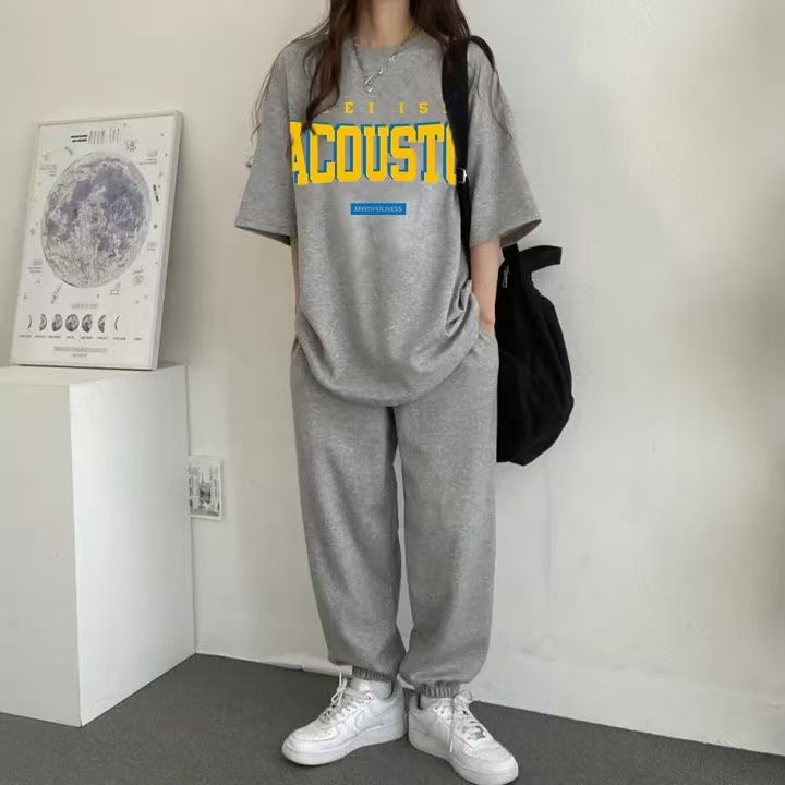 Women's Printed Pattern Letter Set Two-Piece Korean Round Neck Short Sleeve Trousers Two-Piece Set 2025 New Summer