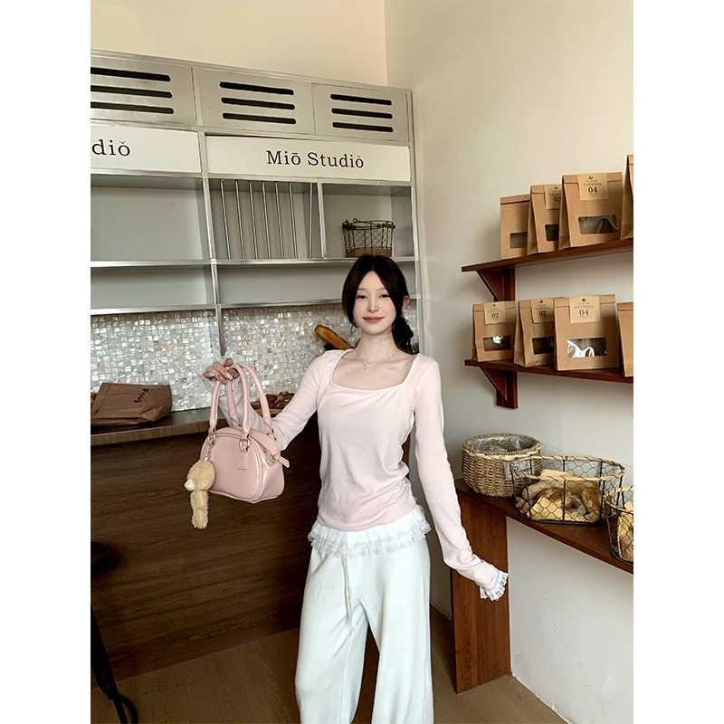 Ballet style lace inner T-shirt women's spring pink sweet hot girl short base shirt top