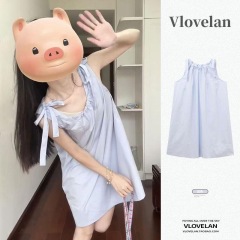 Retro college style sleeveless dress for women's design niche blue bow tied a line strap skirt