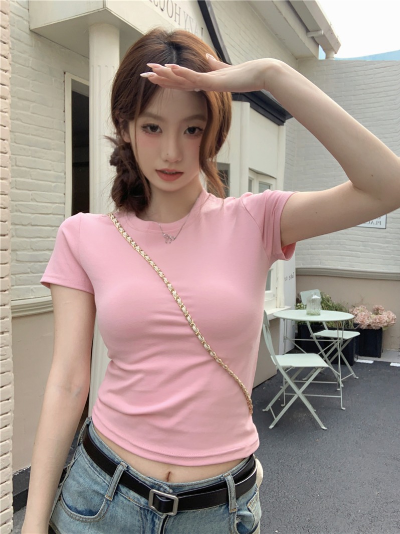 Real shot of fine cotton short-sleeved base shirt with T-shirt underneath new slim hot girl short shoulder tights