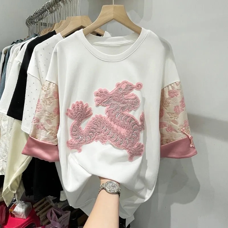 21支210g精梳純棉新中式國風龍年刺繡短袖男女顯瘦拼接盤扣上衣潮