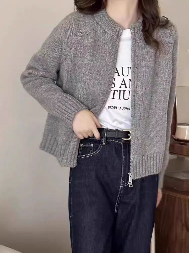 短款雙拉鏈花線毛衣外套女秋季新款韓版寬鬆圓領小個子針織開衫厚