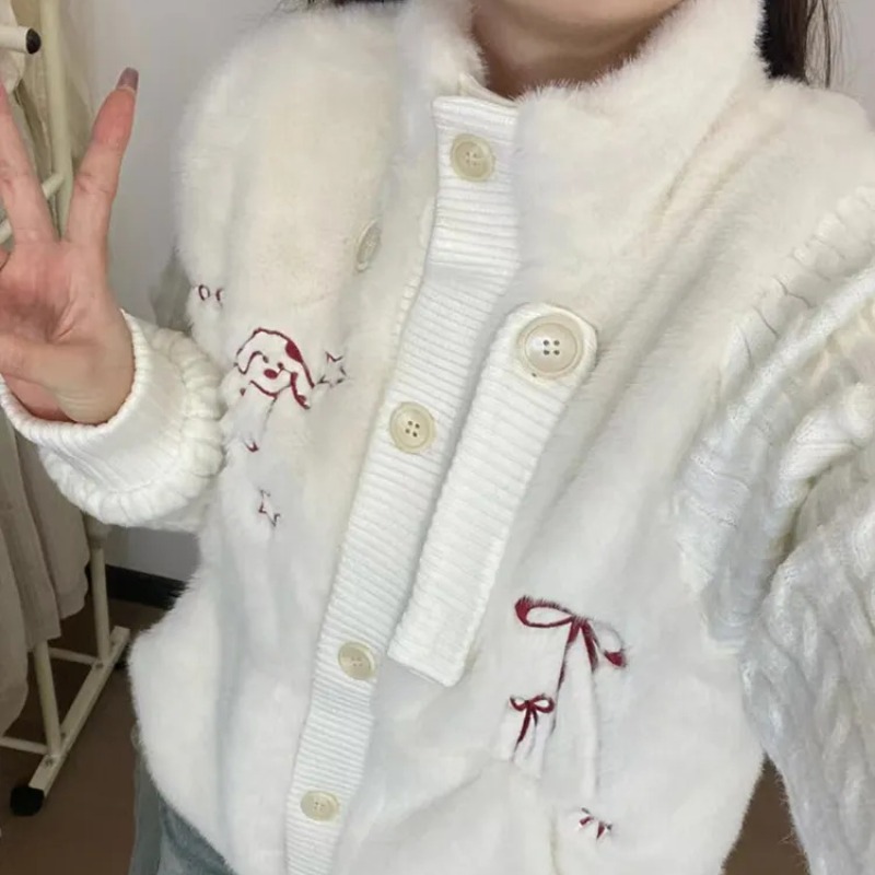 2025秋冬甜美小狗刺繡針織開衫女半高領單排扣保暖毛茸茸毛衣外套