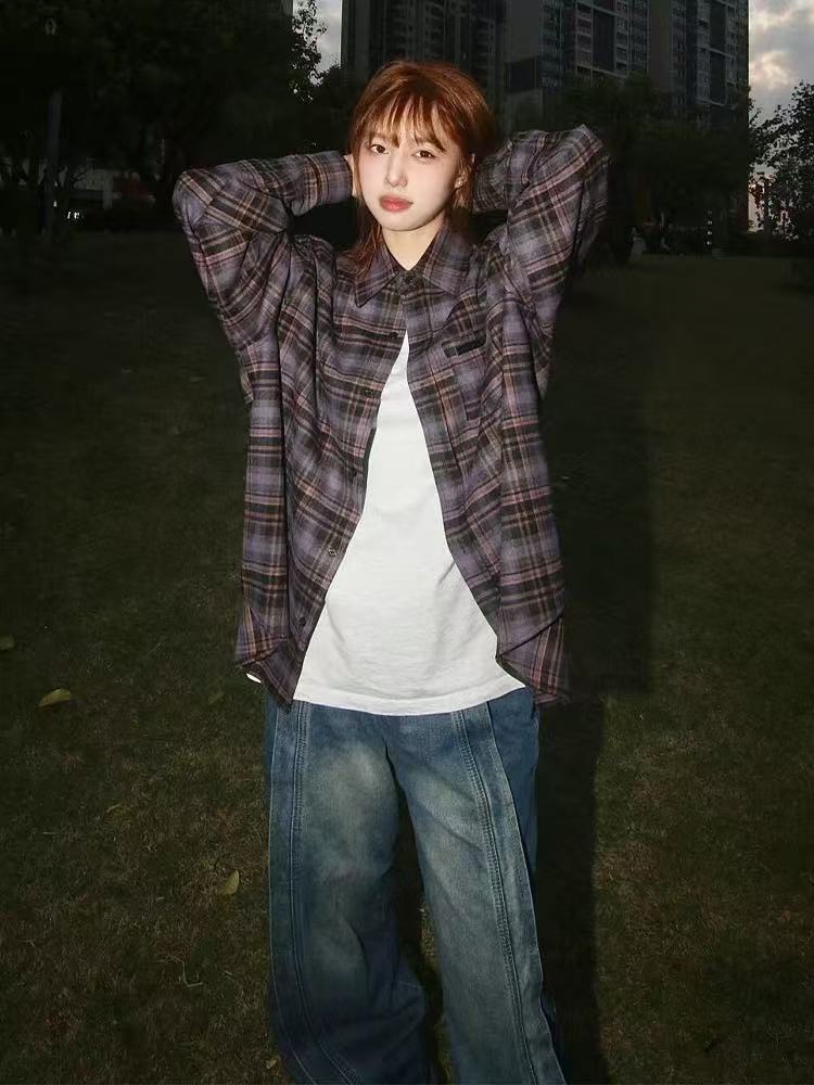 Japanese niche retro casual shirt 2025 spring new polo collar loose versatile layered plaid jacket