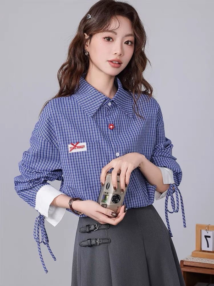 College style age-reducing blue plaid long-sleeved shirt for women in spring and autumn design loose casual and versatile shirt