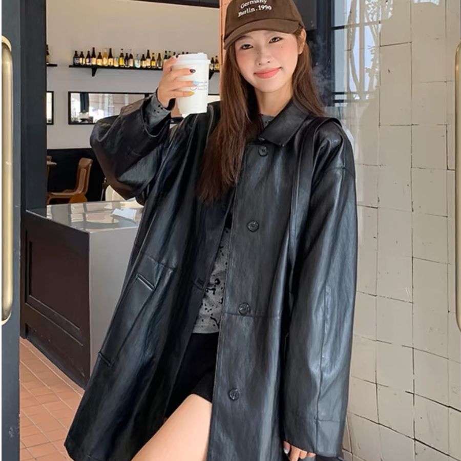 Black American-style sweet cool streetwear long coat for women, 2025 spring new versatile PU leather jacket
