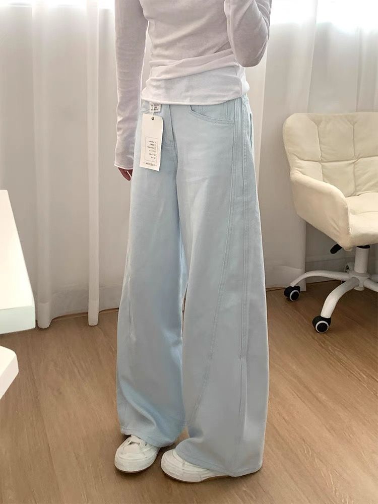 大碼天藍色大褲腳牛仔褲女秋季2025新款高腰直筒寬鬆顯瘦闊腿褲子