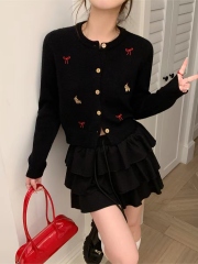 溫柔韓系蝴蝶結刺繡甜美毛衣針織開衫外套女春秋款設計感短款上衣