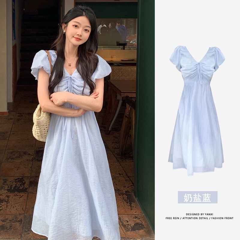 Korean chic summer French gentle temperament drawstring v-neck puff short sleeves high waist big fairy dress for women