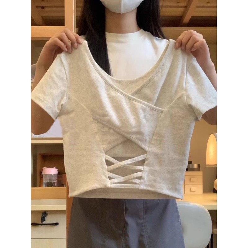 莫代爾260克1X1+胸貼純欲風辣妹性感小心機短袖T恤女