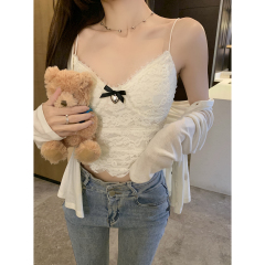 Real shot of spring and summer Korean version of pure tenderness and gentle bow lace chest pad with inner strap vest top