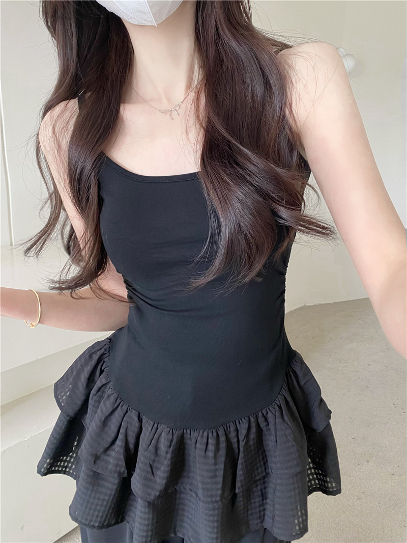 Real shot of splicing slim suspender dress with new spring sweet and hot girl fashionable slim niche short skirt trendy