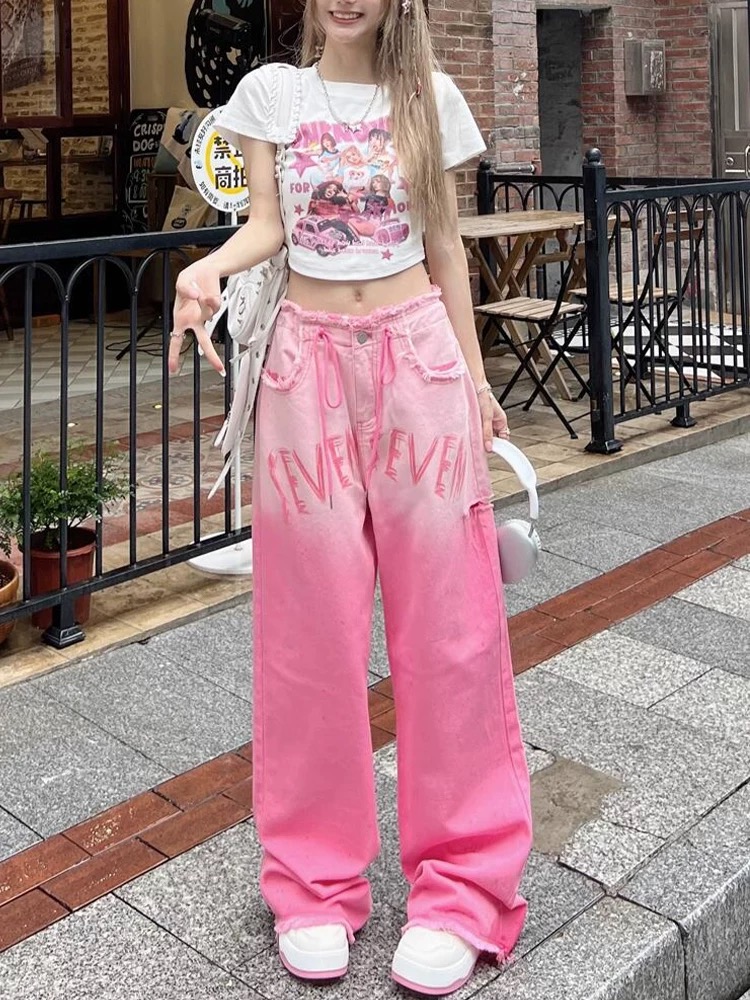 多巴胺辣妹破洞牛仔褲女春季新款美式甜酷高街褲子高腰寬鬆闊腿褲