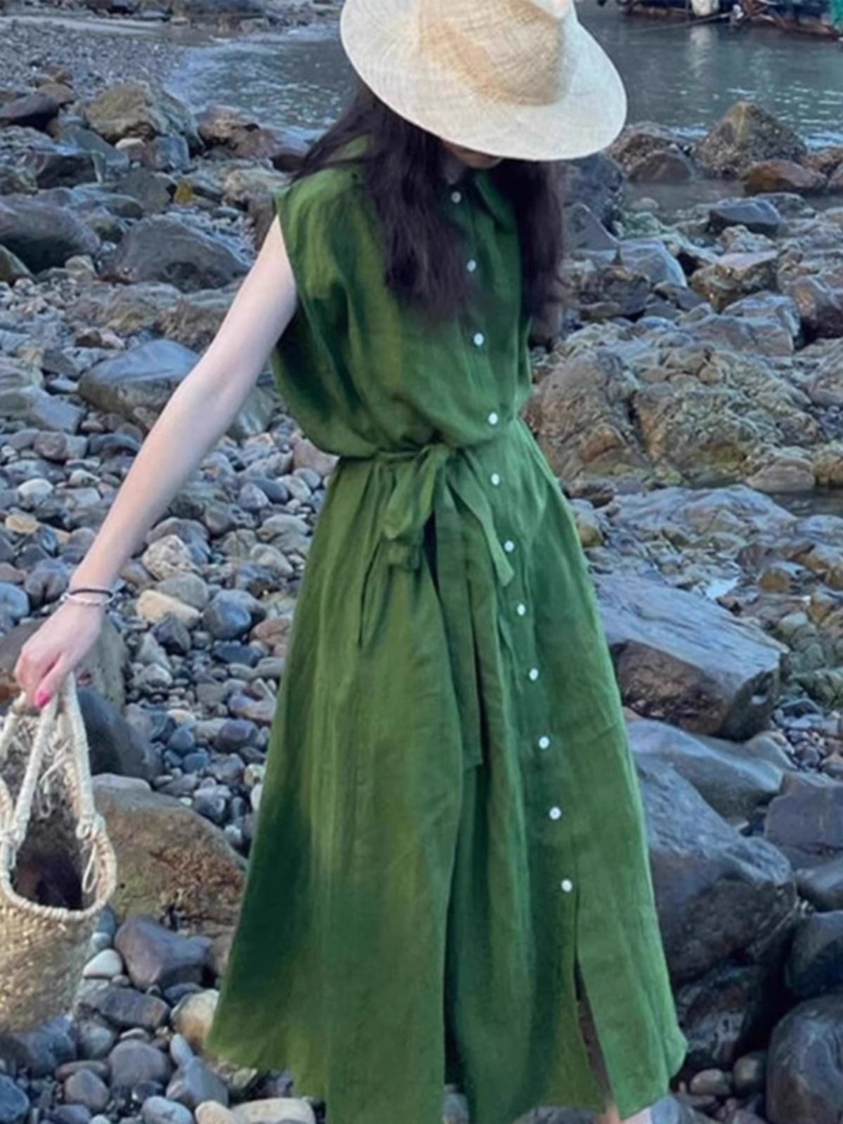 法式高級感綠色無袖背心連衣裙子女夏季2025年新款小個子氣質長裙