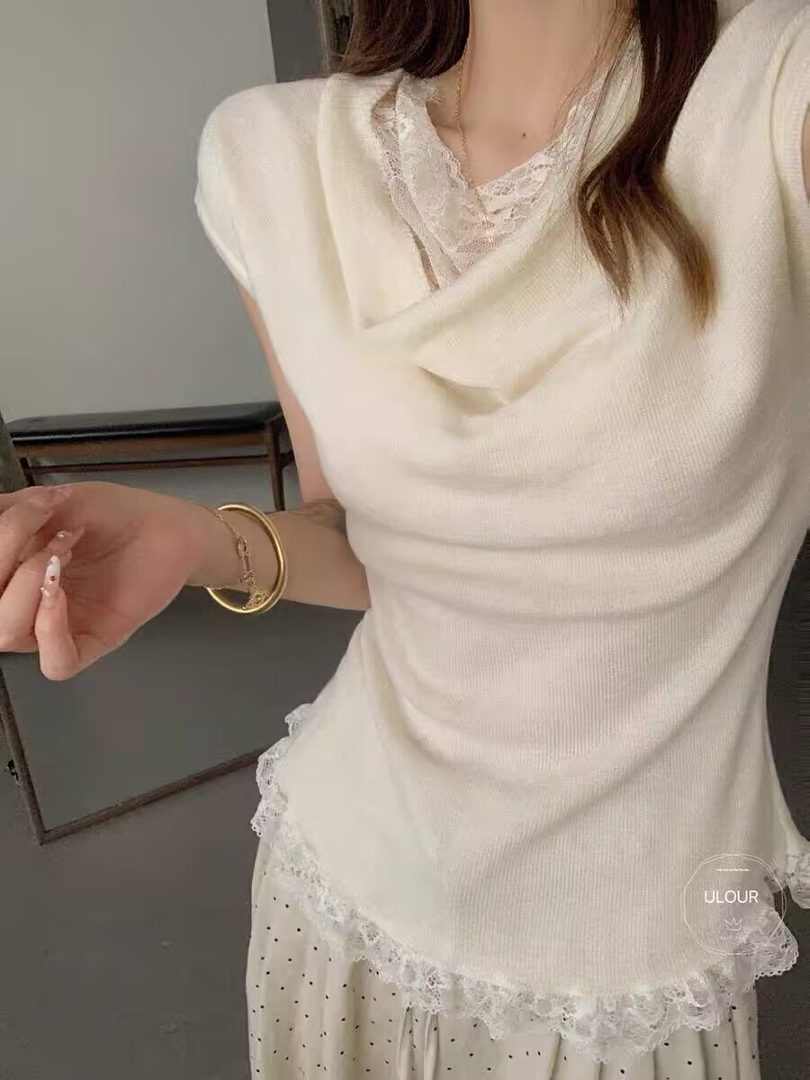 韓系chic別致穿搭溫柔風拼接蕾絲針織背心設計感盪領假兩件上衣女